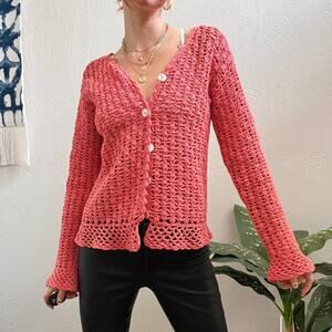 Vintage 90s/Y2K Hand Knit Coral Pink Chunky Cardigan Sweater